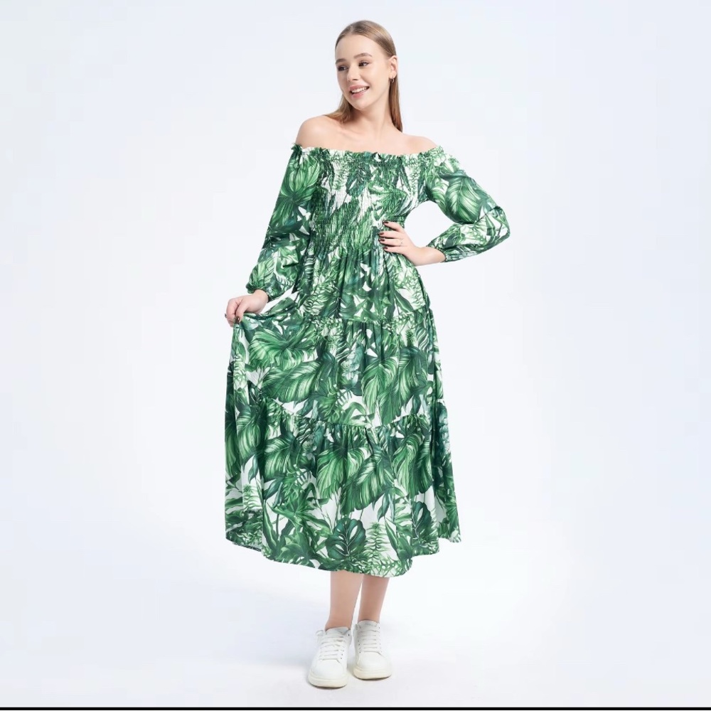 Green Leaf Print Off-Shoulder Dress